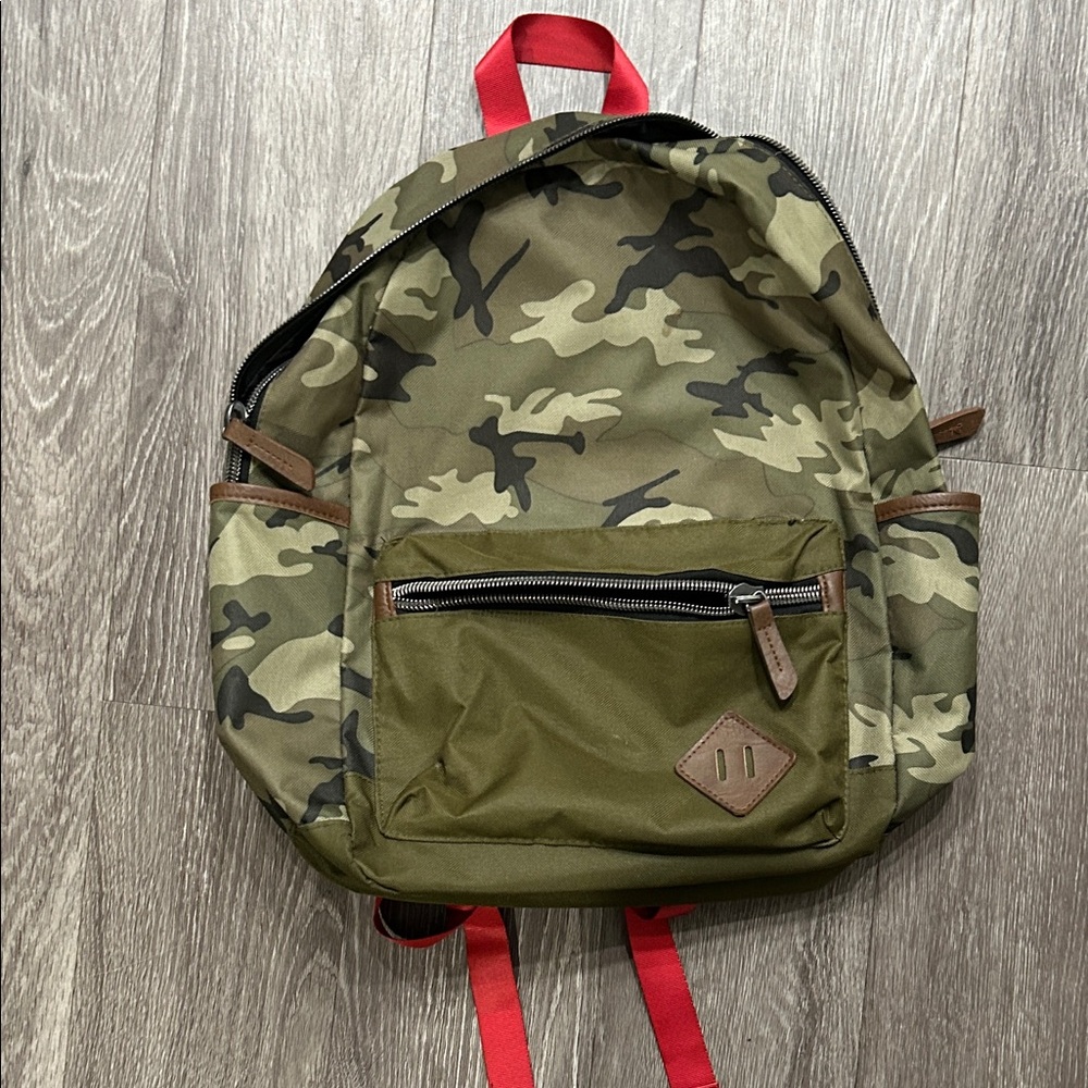 Camouflage Backpack with Red Accents